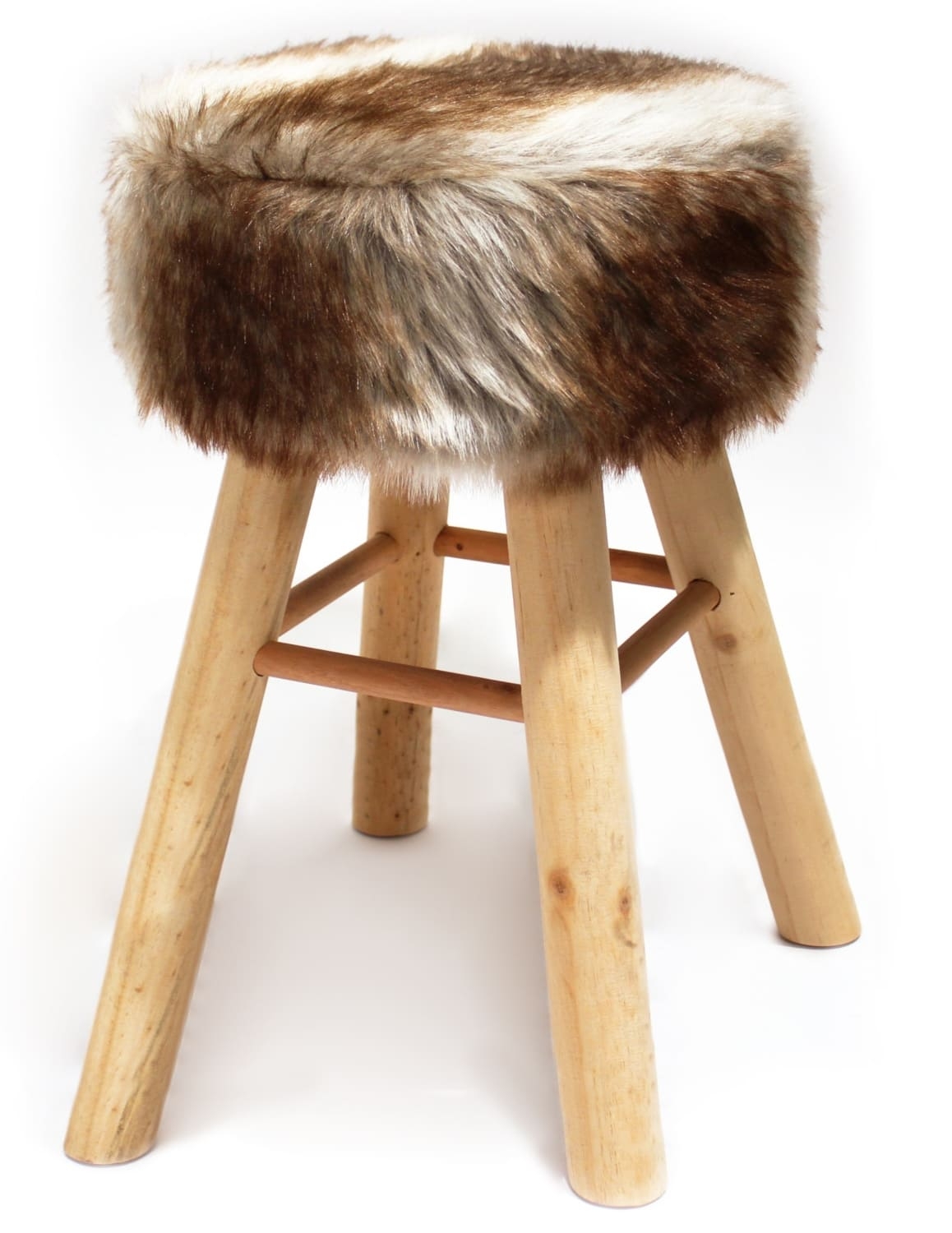 Barhocker Holz mit Kurzhaar- Kunstfellbezug creme-braun runde Sitzflche DH: 33x70cm