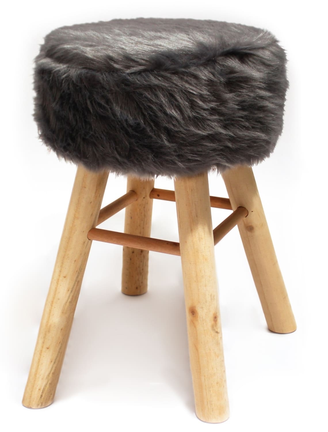 Barhocker Holz mit Kurzhaar- Kunstfellbezug grau runde Sitzflche DH: 33x70cm