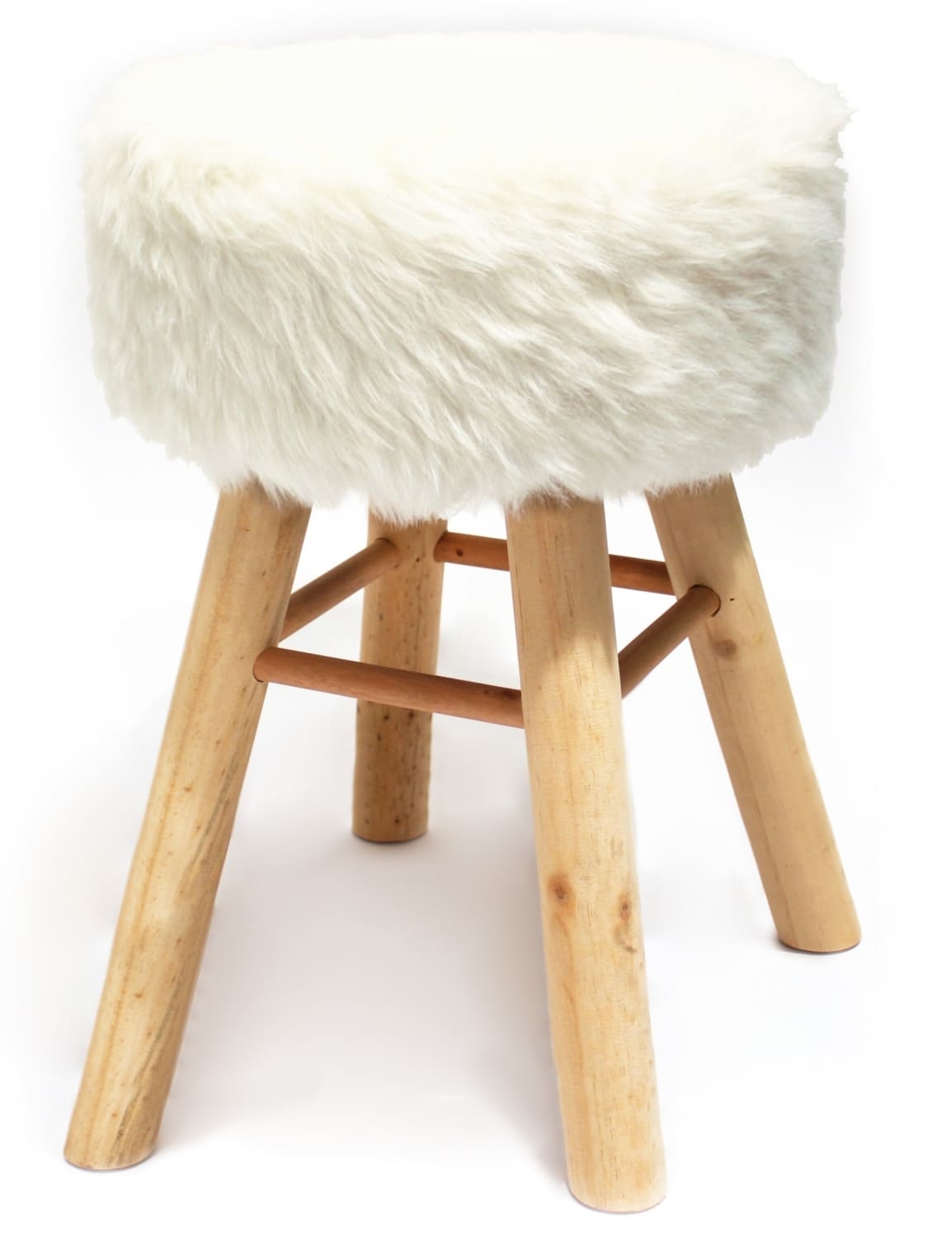 Barhocker Holz mit Kurzhaar- Kunstfellbezug weiss runde Sitzfläche DH: 33x70cm