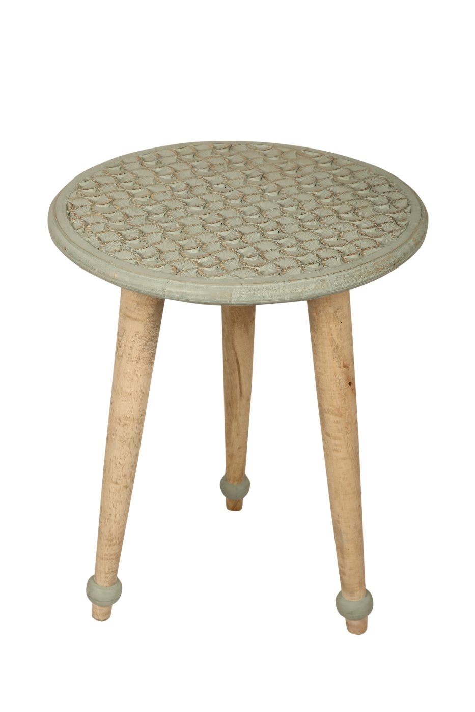 bhp Beistelltisch aus Holz- Rund mit geschnitzter Tischplatte mit Muster mint