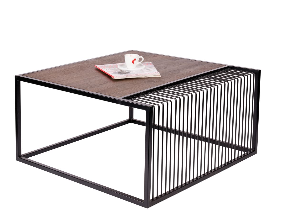 bhp Couchtisch Clara Eiche dunkel rustikal gelt Metallfsse schwarz matt 80 x 80 x 40cm -Tischplatte eingelassen