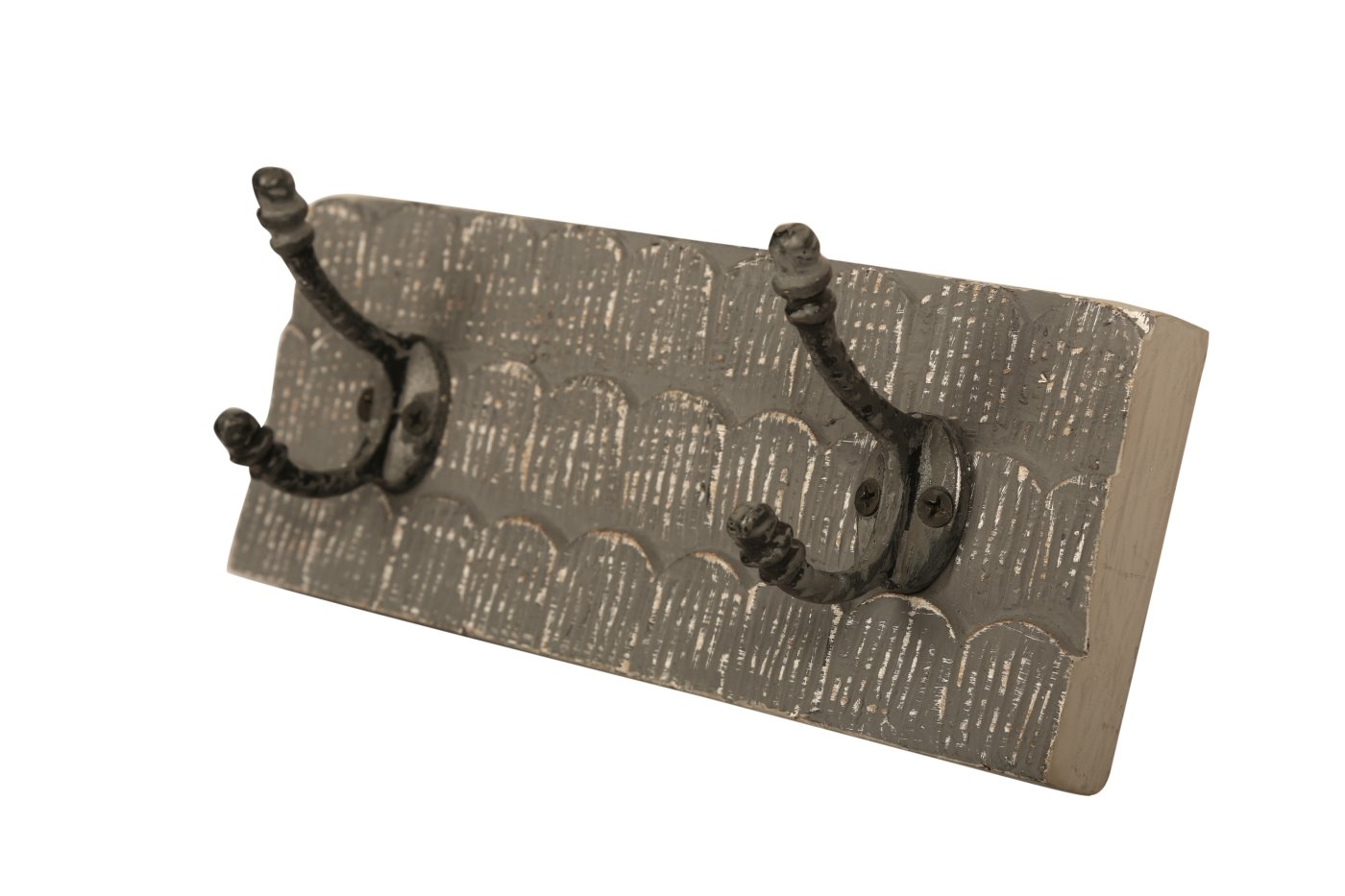 bhp Wandgarderobe aus Holz braungrau gemustert mit 2 Metallhaken-Front geschnitzt