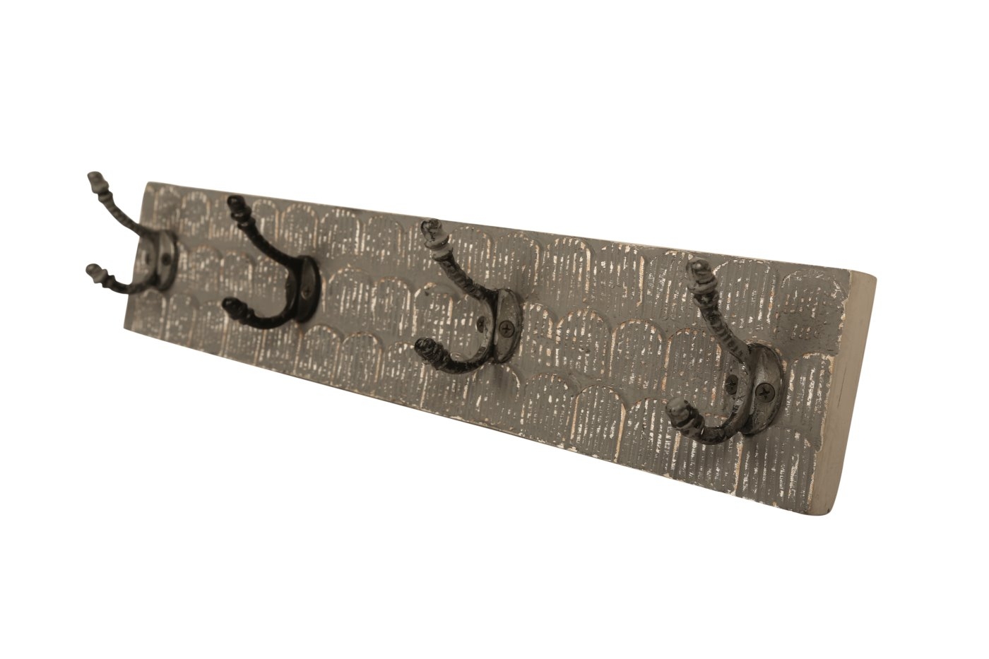 bhp Wandgarderobe aus Holz braungrau gemustert mit 4 Metallhaken-Front geschnitzt