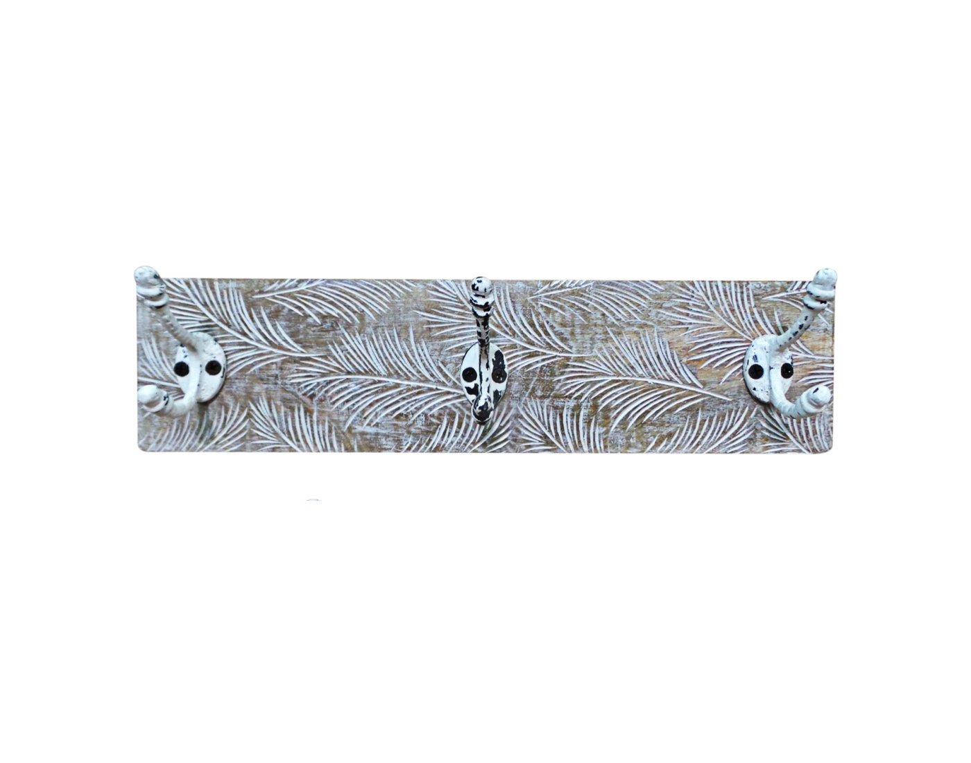bhp Wandgarderobe aus Holz natur mint mit 3 Metallhaken-Front geschnitzt