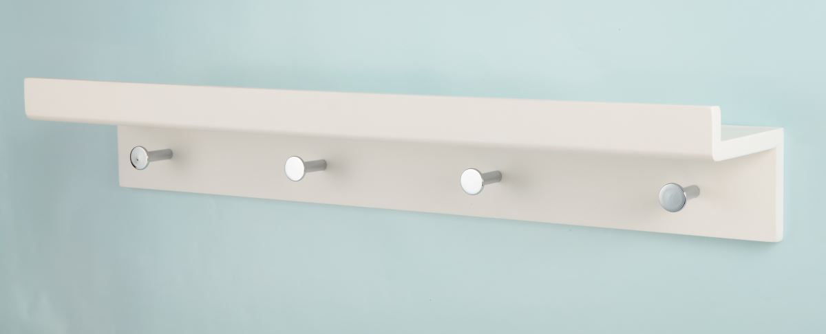 bhp Wandgarderobe weiss mit 4 Haken silber und Ablage 12mm MDF 600x115x100mm