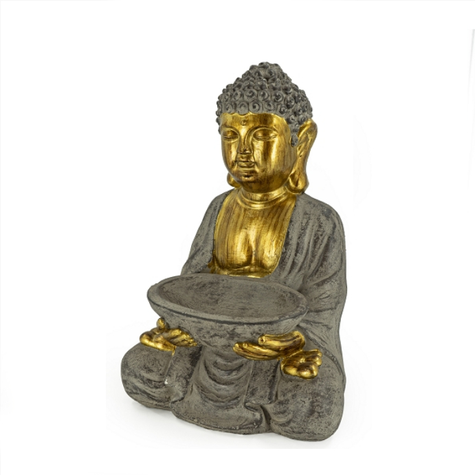 Buddha sitzend mit Vogeltrnke MGO- gold grau- 30-25x45cm