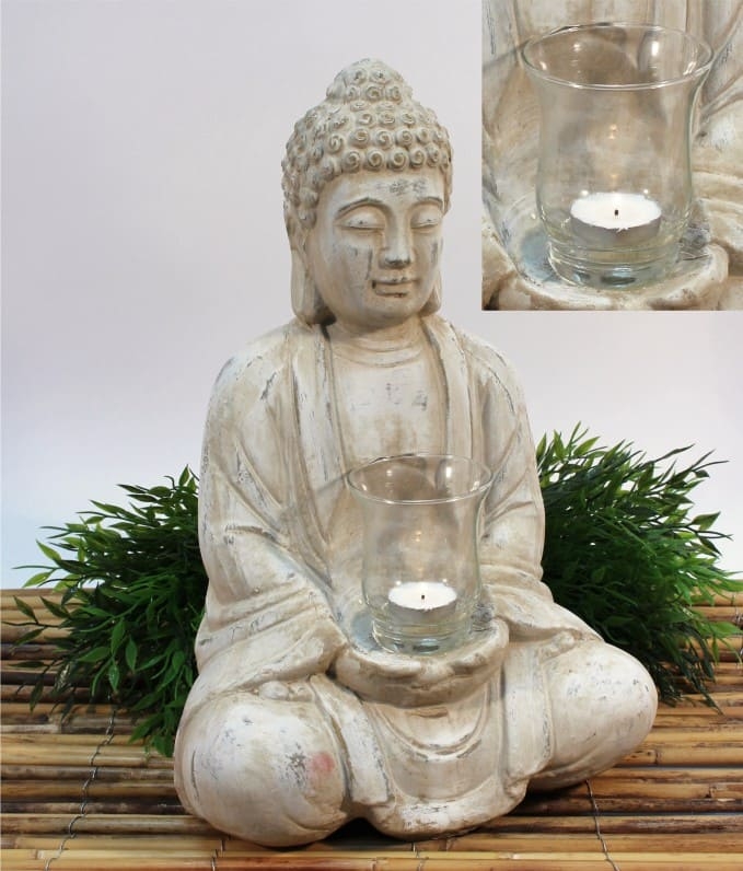 Buddha Terrakotta mit Teelichtglas- creme gebrstet- 19x25x40 cm