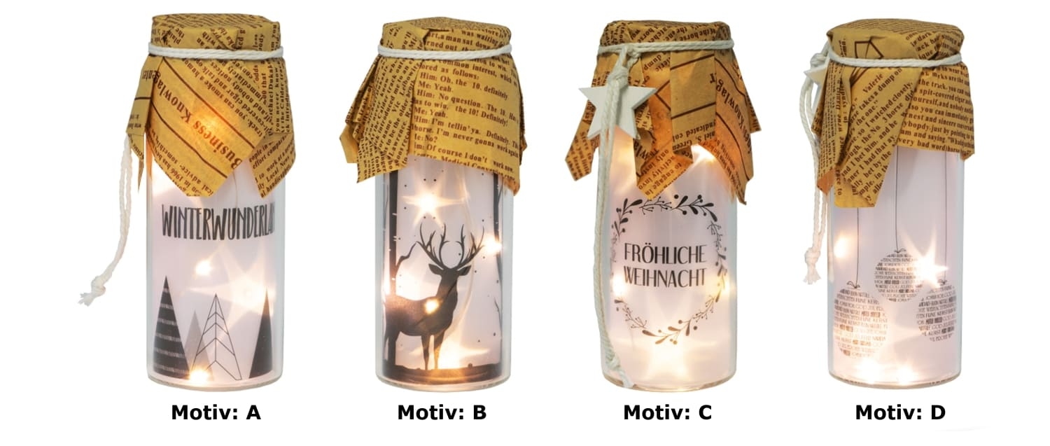 Deko LED Flaschenlicht 4x12cm Glas Motiv 4er Set Papierhaube Kordel mit Holzstern batterieb- unter Dekorationsleuchten > Nach Marken > Root Catalog