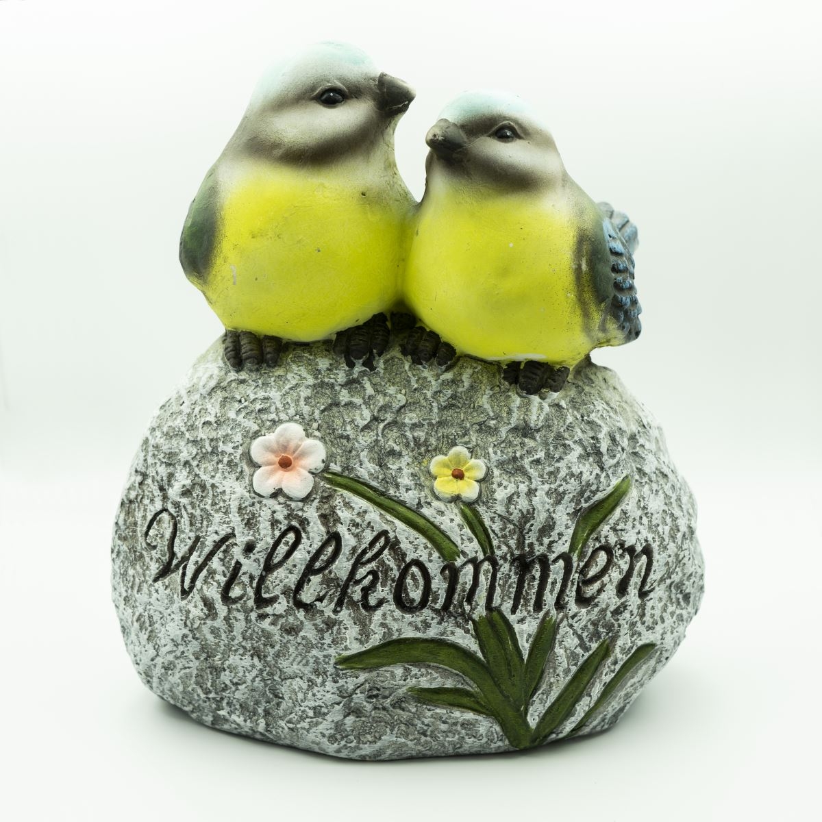 Dekostein mit Vogelpaar und Willkommen-Aufschrift Keramik bemalt LBH 18x31x32cm