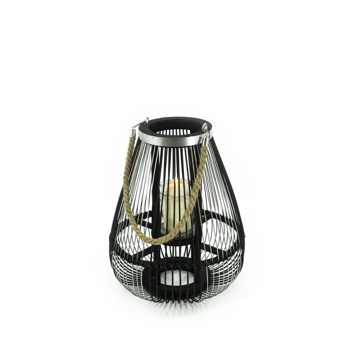 Design-Windlicht ballonfrmig Bambus Metallstreben schwarz silber mit Glaseinsatz DH 29x36cm