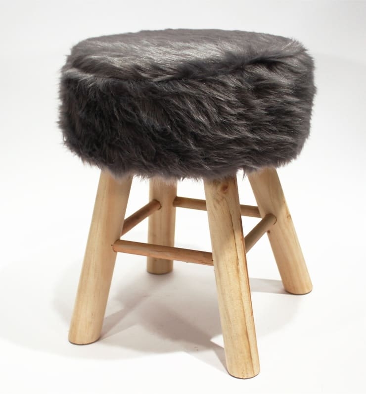 Hocker Holz mit Langhaar- Kunstfellbezug grau runde Sitzflche DH: 30x42cm