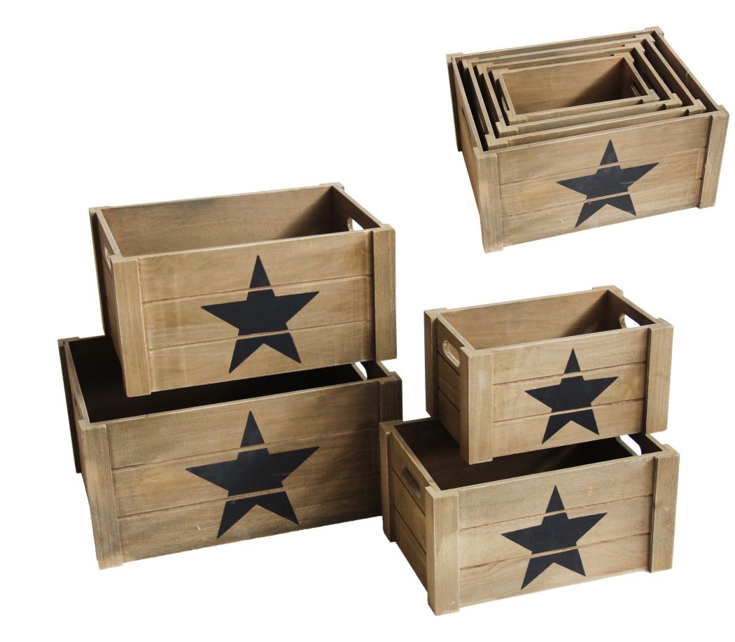 Holzkisten hellbraun 4er Set rechteckig Aufdruck Stern 41x31x20cm 26x16x14cm