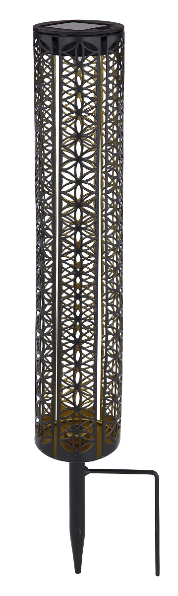 LED Solarleuchte zylindrisch mit Schlitze und Dekor Blume Metall schwarz gold 7x46cm von Globo