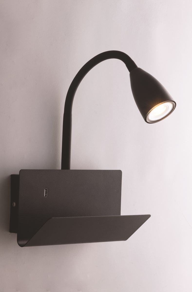 Luce Design Gulp Wandleuchte-Leselampe schwarz GU10 29x25x12cm mit USB Ladeport