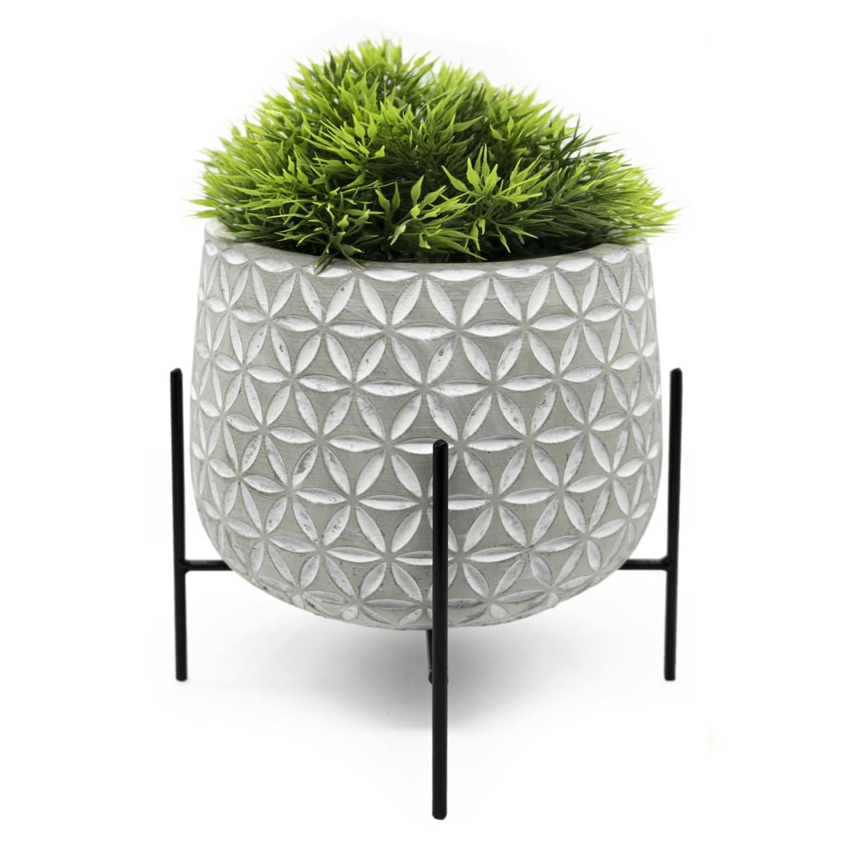 Pflanztopf Zement mit Muster Lebensblume grau und Metallstnder schwarz rund DH: 21x25-5cm unter NOOR Living > Living - Haus & Garten